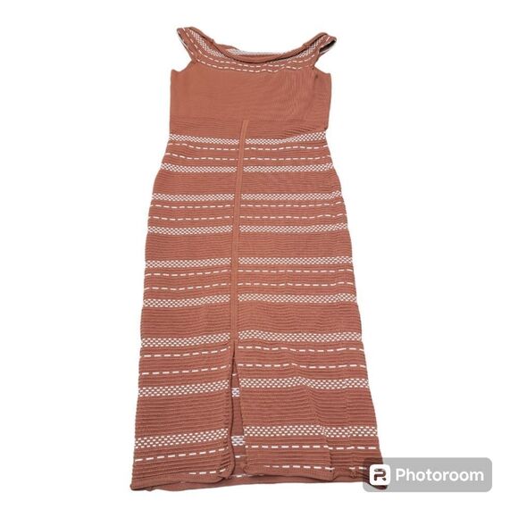Eva Mendes NY & Co Bodycon Midi Brown Dress Sleeveless Stripes Career Size M - Picture 2 of 8